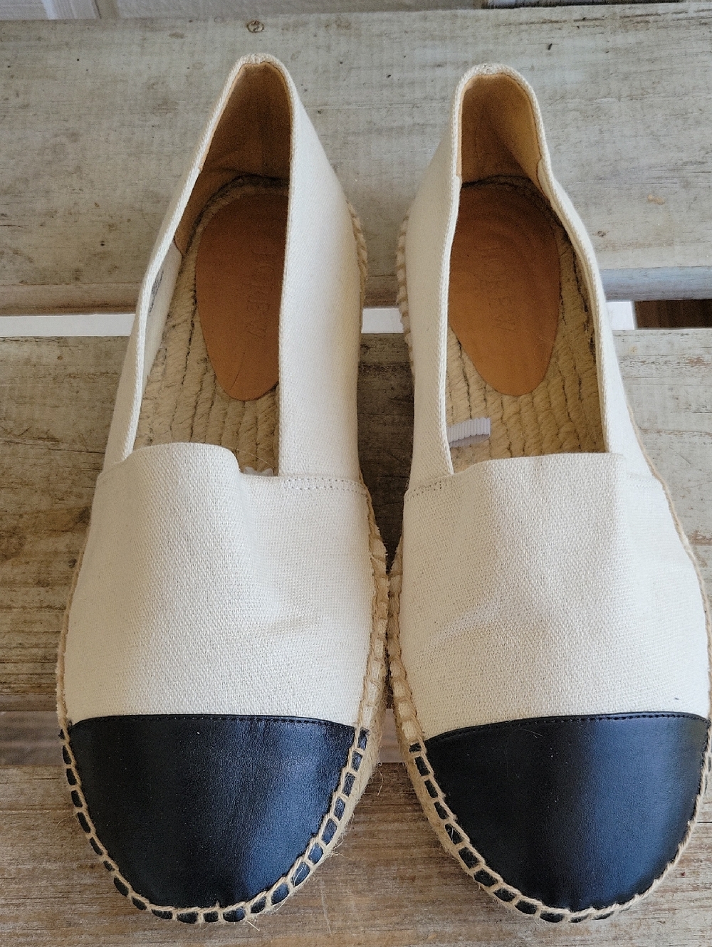 J. Crew Cream Canvas Espadrilles with Black Toe Caps